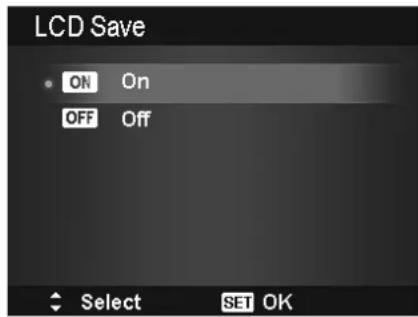 LCD Save ON On OFF Off Select SET OK