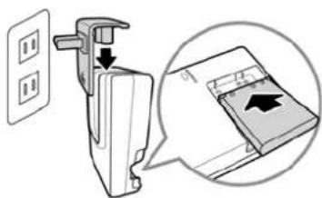 Diagram showing a wall-mounted device with a downward arrow and a magnified view of the device's internal structure.