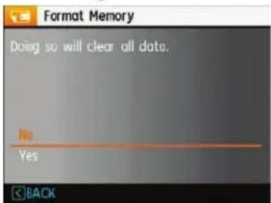 Format Memory Doing so will clear all data. No Yes BACK