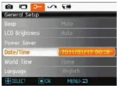 General Setup Beep Mute LCD Brightness Auto Power Saver Date/Time 12011/03/12 00:28 World Time None Language English SELECT OK MENU: