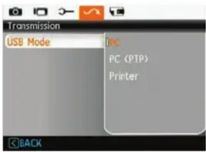 Transmission USB Mode PC PC (PTP) Printer BACK