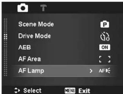 Scene Mode Drive Mode AEB AF Area AF Lamp > AF Select MENU Exit