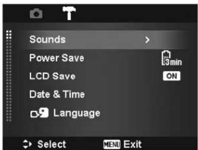 Sounds Power Save LCD Save Date & Time Language Select MENU Exit