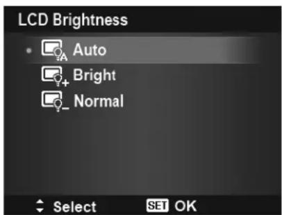 LCD Brightness • Auto • Bright • Normal Select SET OK
