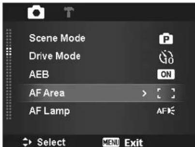 Scene Mode Drive Mode AEB AF Area AF Lamp Select MENU Exit