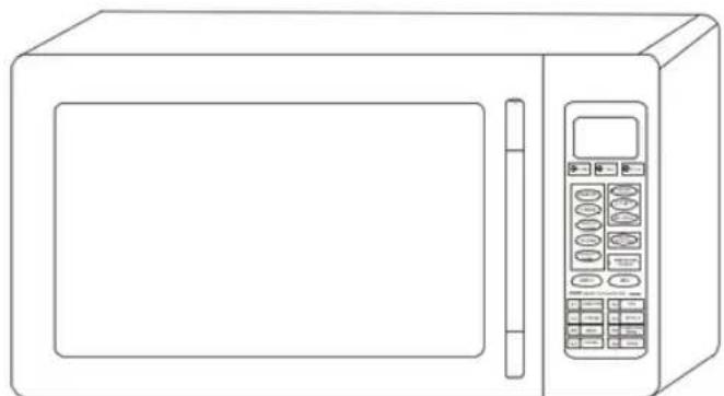 Line drawing of a microwave oven with control panel and door (no text or symbols)