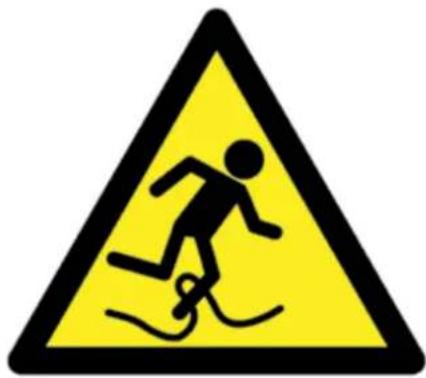 Yellow triangular warning sign with black pictogram of a person crossing a wave symbol
