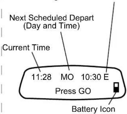 Next Scheduled Depart (Day and Time) Current Time 11:28 MO 10:30 E Press GO Battery Icon