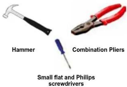 Hammer Combination Pliers Small flat and Philips screwdrivers