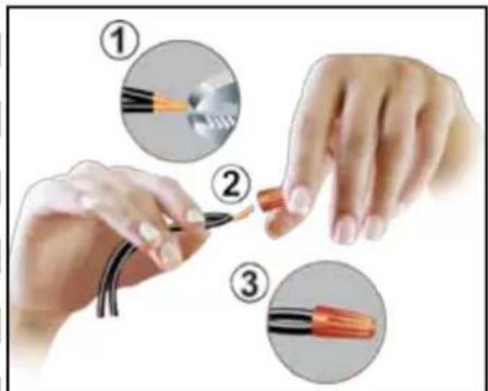 Instructional diagram showing three steps of hairpin tool application: wire cutting, holding a pen, and adding a red pencil.