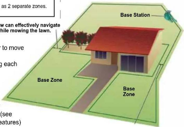 as 2 separate zones. low can effectively navigate while mowing the lawn. to move g each (Base Station) Base Zone Base Zone (see features)