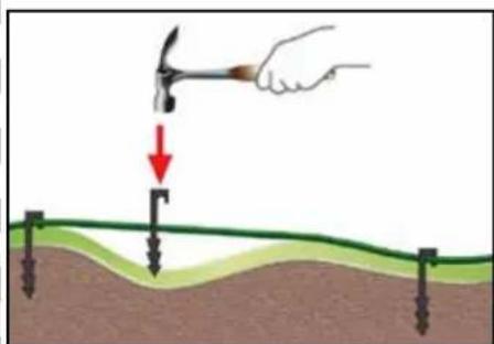 Diagram illustrating a hand using a hammer to measure a tool applied to a soil or vegetation surface, with red arrows indicating the direction of movement.