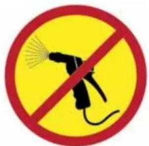 Prohibition sign with a black spray gun symbol crossed out by a red diagonal line, indicating no use or prohibition.
