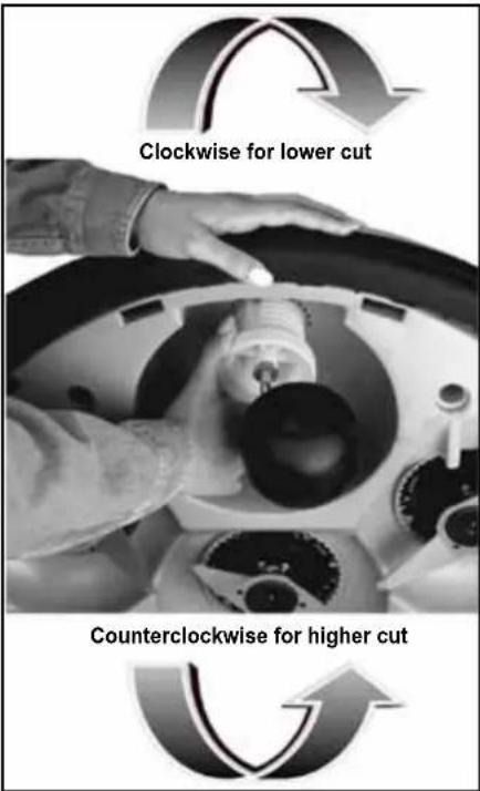 Clockwise for lower cut Counterclockwise for higher cut