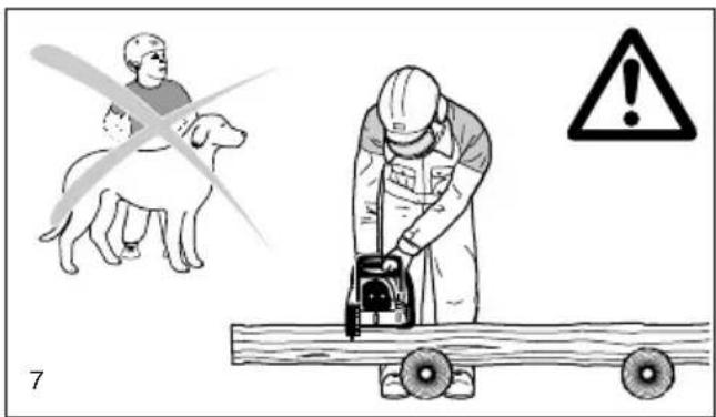Safety warning illustration showing a worker using a power saw on a wooden beam with a dog and a crosshair, accompanied by an exclamation mark.