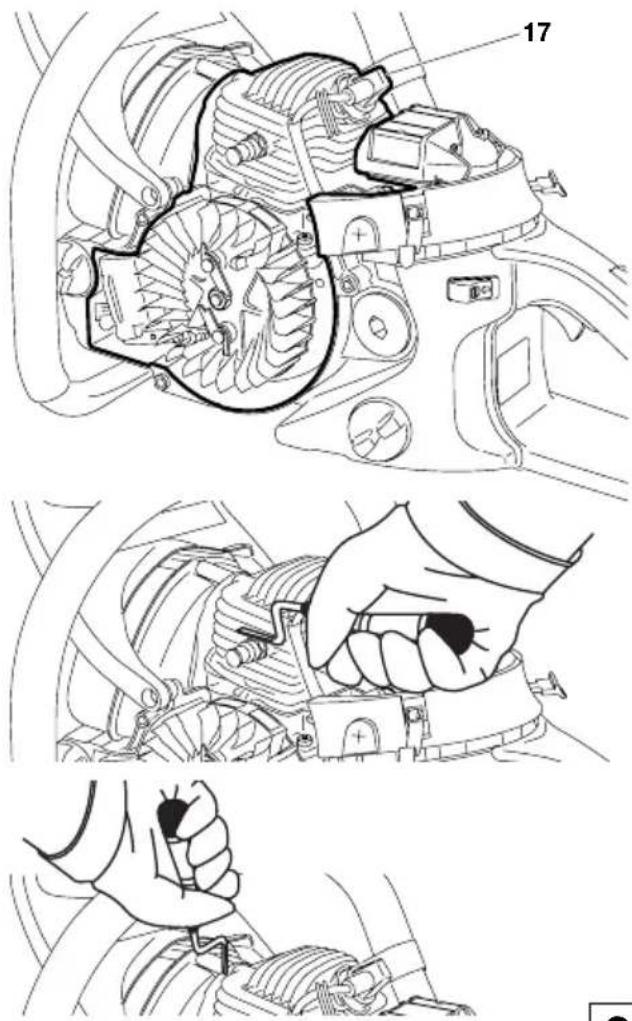 Technical diagram showing mechanical assembly steps with numbered components and hand tool application