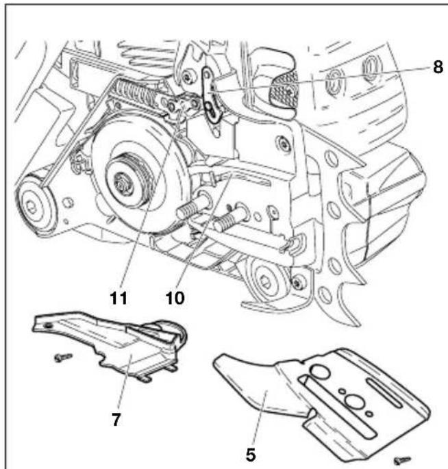 Technical diagram of an engine assembly with numbered components and exploded views
