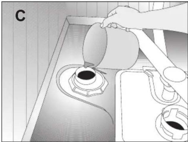 Illustration of a kitchen sink with a hand pouring liquid from a pot into a stove (no text or symbols)