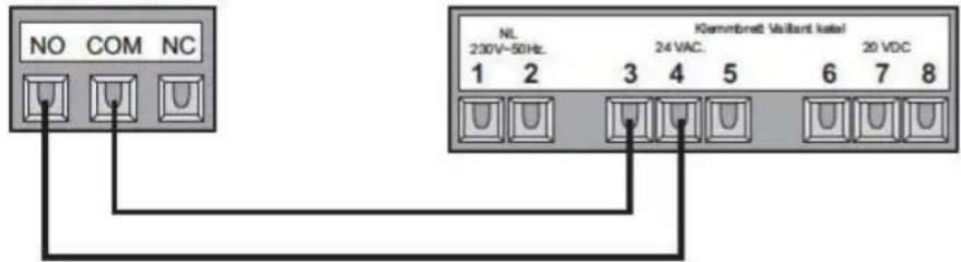 NO COM NC Kommbratt Waillant kabel NL. 230V~50Hz. 1 2 3 4 5 6 7 8 24 VAC. 20 VDC