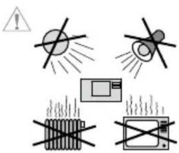 Safety warning symbols for lighting and heating, including no warning, explosion, microwave, and induction devices