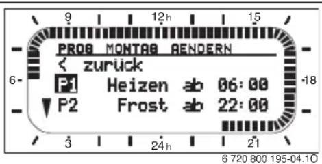 PROG MONTAG AENDERN < zurück P1 Heizen ab 06:00 P2 Frost ab 22:00 3 24h 21 6 720 800 195-04.10