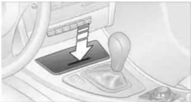 Interior view of a car showing a hand push lever with a downward arrow (no text or symbols visible)
