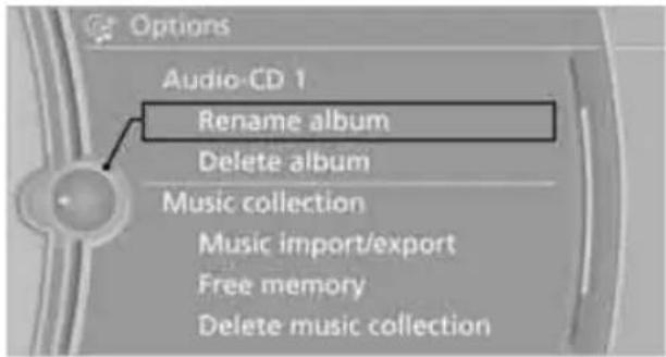 Options Audio-CD 1 Rename album Delete album Music collection Music import/export Free memory Delete music collection