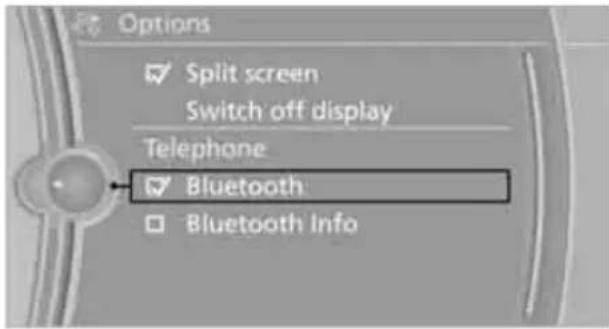 Options Split screen Switch off display Telephone Bluetooth Bluetooth Info