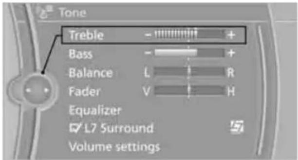 Tone Treble - + Bass - + Balance L R Fader V H Equalizer L7 Surround Volume settings