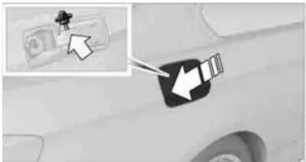 Close-up of a car's side panel with a highlighted black button and an inset showing a person in motion (no text or symbols visible)