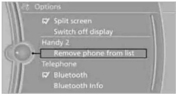 Options ✓ Split screen Switch off display Handy 2 Remove phone from list Telephone ✓ Bluetooth Bluetooth Info