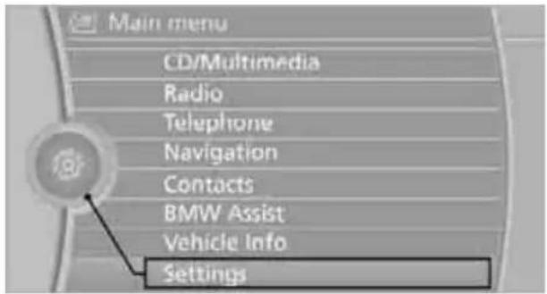 Main menu CD/Multimedia Radio Telephone Navigation Contacts BMW Assist Vehicle Info Settings