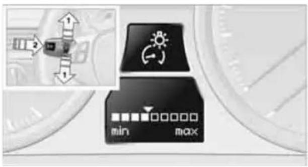 Diagram showing car control buttons with icons for minimum and maximum settings, alongside a vehicle interior view with directional arrows.
