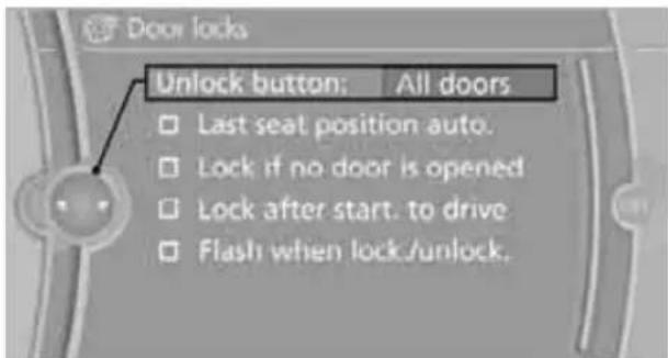 Door locks Unlock button; All doors □ Last seat position auto. □ Lock if no door is opened □ Lock after start. to drive □ Flash when lock/unlock.