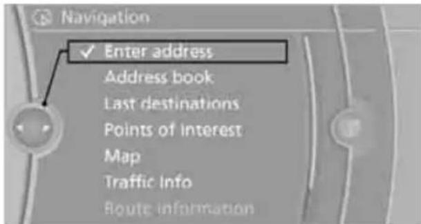Navigation ✓ Enter address Address book Last destinations Points of interest Map Traffic Info Route information