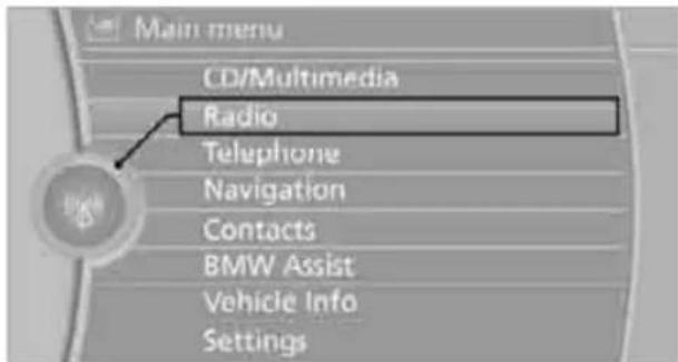 Main menu CD/Multimedia Radio Telephone Navigation Contacts BMW Assist Vehicle Info Settings