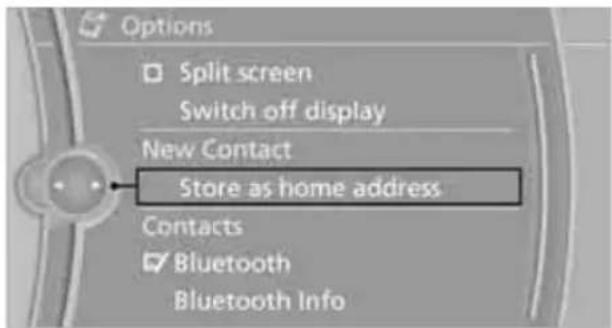 Options Split screen Switch off display New Contact Store as home address Contacts Bluetooth Bluetooth Info
