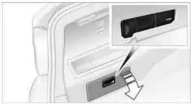 Close-up of a car back panel with an inset showing a camera lens and a downward arrow (no text or symbols visible)