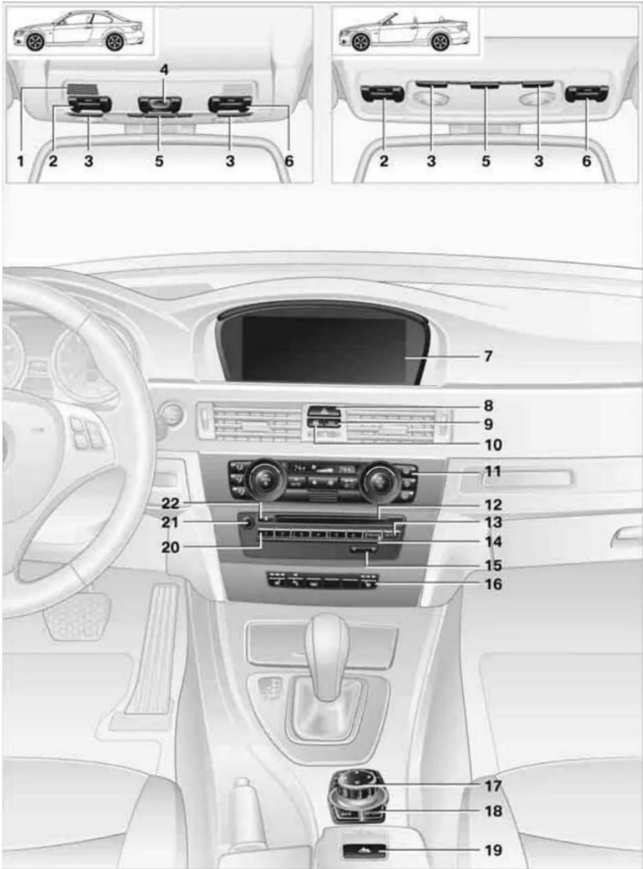 Diagram of car interior with labeled components and vehicle chassis, showing front, rear, and interior views with numbered parts.