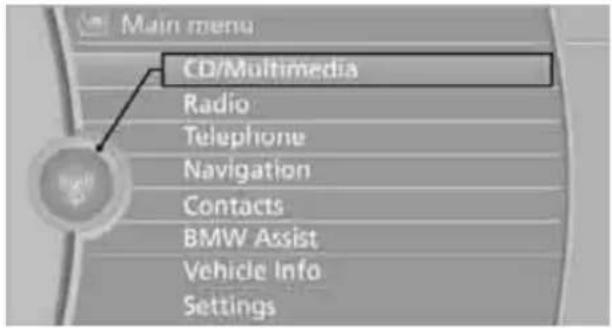 Main menu CD/Multimedia Radio Telephone Navigation Contacts BMW Assist Vehicle Info Settings