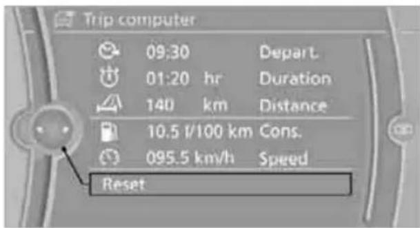 Trip computer 09:30 Depart. 01:20 hr Duration 140 km Distance 10.5 l/100 km Cons. 095.5 km/h Speed Reset