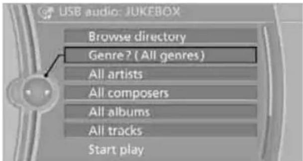 USB audio: JUKEBOX Browse directory Genre? (All genres) All artists All composers All albums All tracks Start play