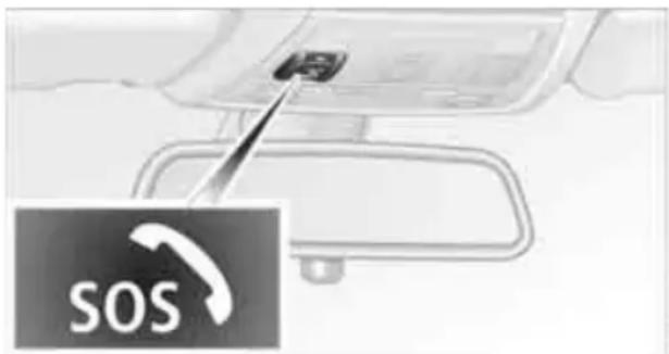 Close-up of a car interior showing a hand holding a small object, with a 'SOS' icon in the corner (no readable text or symbols on the object itself)
