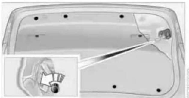Diagram showing a hand holding a small object inside a vehicle's door, with an inset close-up of the handle (no text or symbols visible)