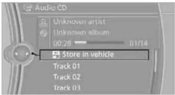 Audio CD Unknown artist Unknown album 00:28 01/14 Store in vehicle Track 01 Track 02 Track 03