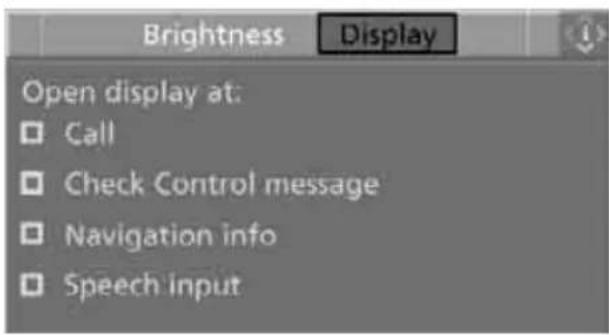 Brightness Display Open display at: □ Call □ Check Control message □ Navigation info □ Speech input
