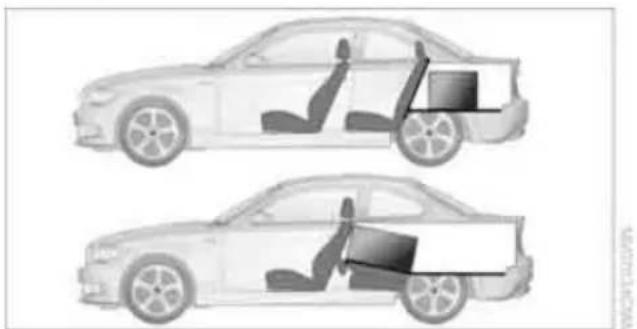 Two-down diagrams of a car showing internal components and seatbelt placement (no text or symbols)