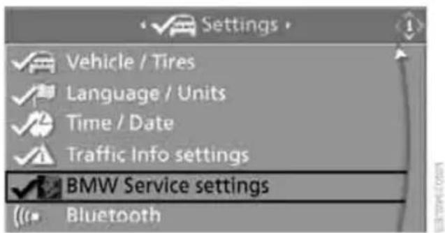 Settings Vehicle / Tires Language / Units Time / Date Traffic Info settings BMW Service settings Bluetooth