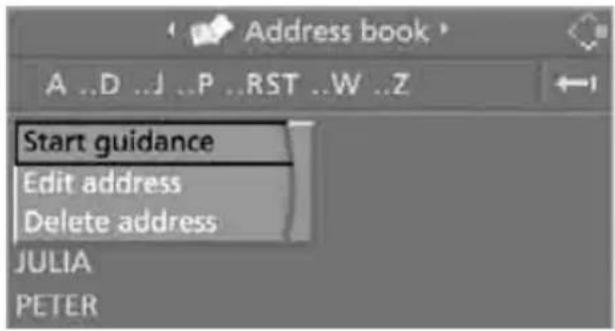 Address book A ..D ..J ..P ..RST ..W ..Z Start guidance Edit address Delete address JULIA PETER