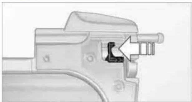 Mechanical component diagram showing a lever mechanism with an arrow indicating direction (no text or symbols present)